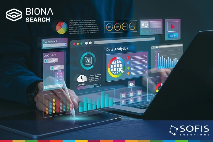 La imagen muestra una interfaz digital con paneles de análisis de datos, inteligencia artificial y gráficos,